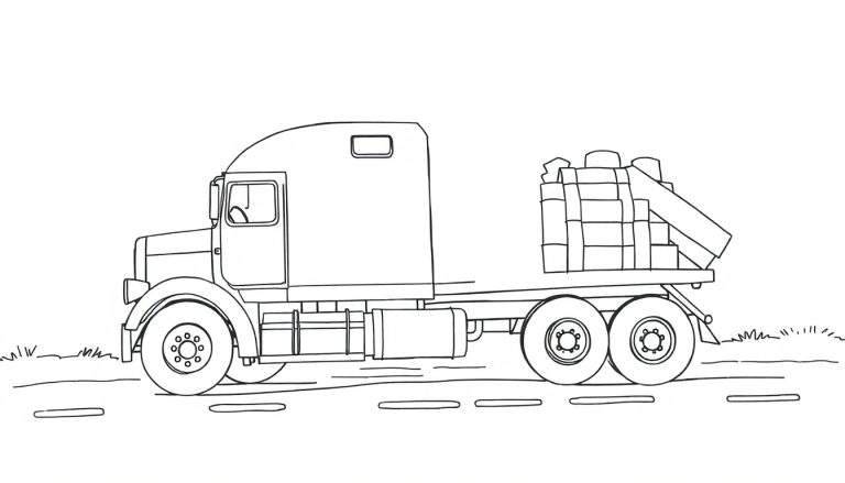 Página para colorear de un camión con carga y ruedas visibles.
