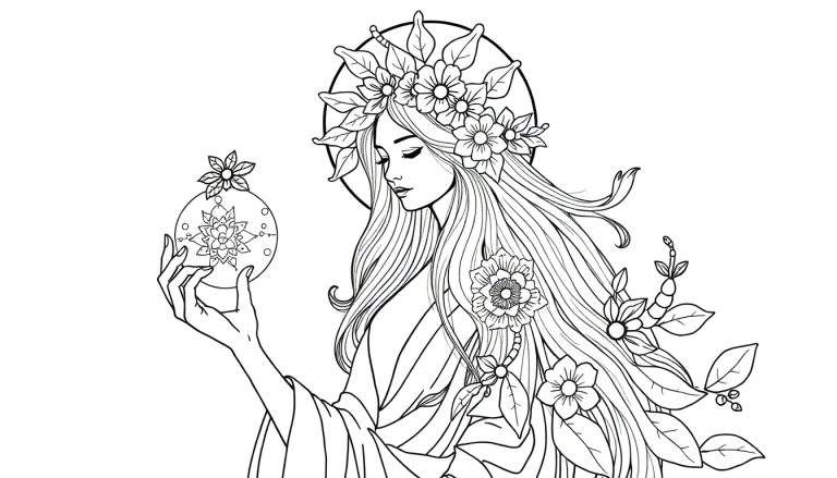 Página para colorear de una mujer con cabello largo y fluido, adornada con una corona de flores y hojas. Sostiene una esfera con un diseño floral tipo mandala. Estilo artístico detallado.