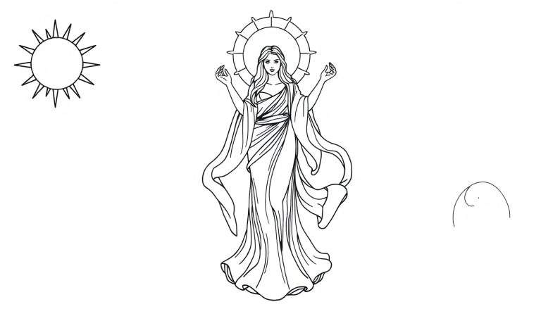 Dibujo lineal en blanco y negro de una mujer de pie con túnica, brazos levantados y un halo detrás de su cabeza, con un sol a la izquierda y formas abstractas a la derecha, listo para colorear.