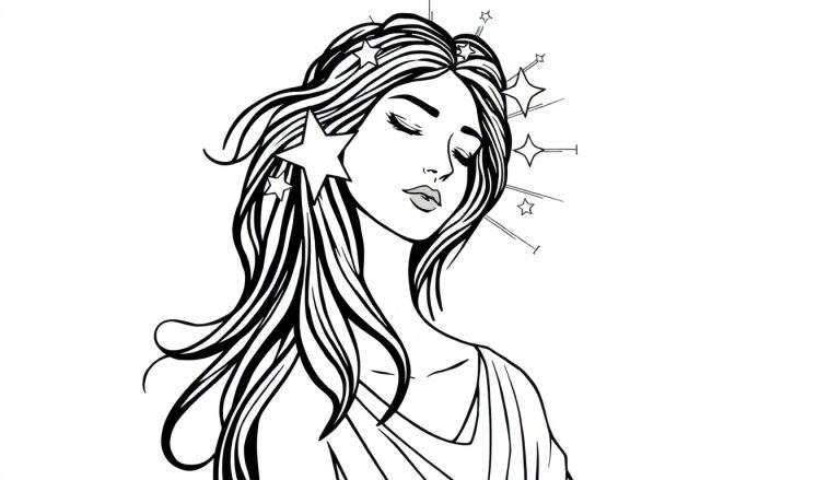 Dibujo lineal en blanco y negro de una mujer joven con cabello largo y ondulado, ojos cerrados y estrellas integradas en su melena y alrededor de su cabeza, estilo ilustración.