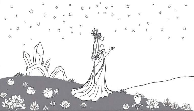 Página para colorear de una mujer de pie en un paisaje místico, con cristales, flores de loto y un cielo estrellado.
