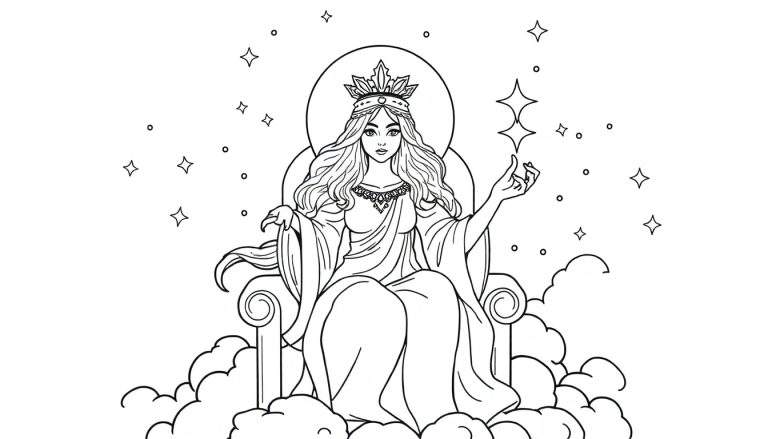 Dibujo de página para colorear de una mujer joven con corona sentada en un trono sobre nubes, creando estrellas con su mano derecha extendida.