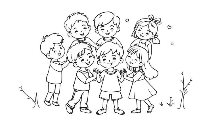 Ilustración para colorear de siete niños (cinco niños, dos niñas) sonriendo y jugando en círculo. Algunos aplauden, uno toca el hombro de otro. Llevan ropa casual. Hay pequeños corazones y burbujas flotando cerca de una niña. El fondo tiene trazos de hierba.