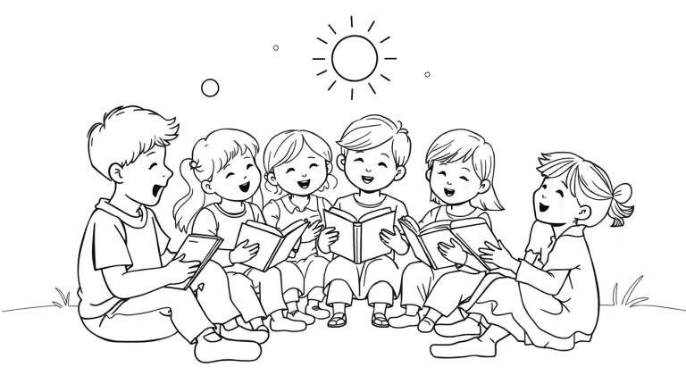 Página para colorear de un grupo de seis niños sonrientes sentados al aire libre leyendo libros bajo un sol radiante.