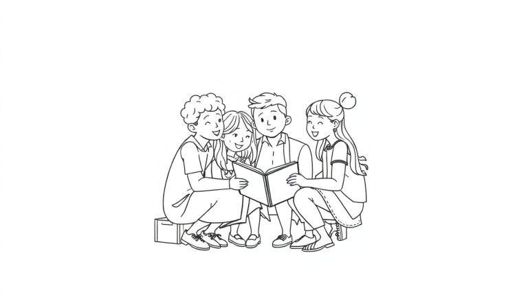 Página para colorear lineal de cuatro niños sonriendo mientras leen un libro juntos. Dos chicos y dos chicas sentados, algunos en taburetes, compartiendo un libro abierto.