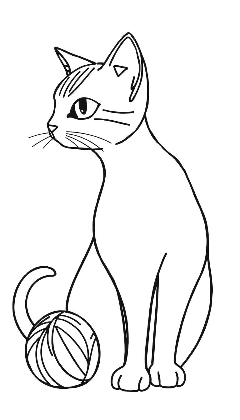 Dibujo de contorno de un gato sentado junto a un ovillo de lana, listo para colorear.