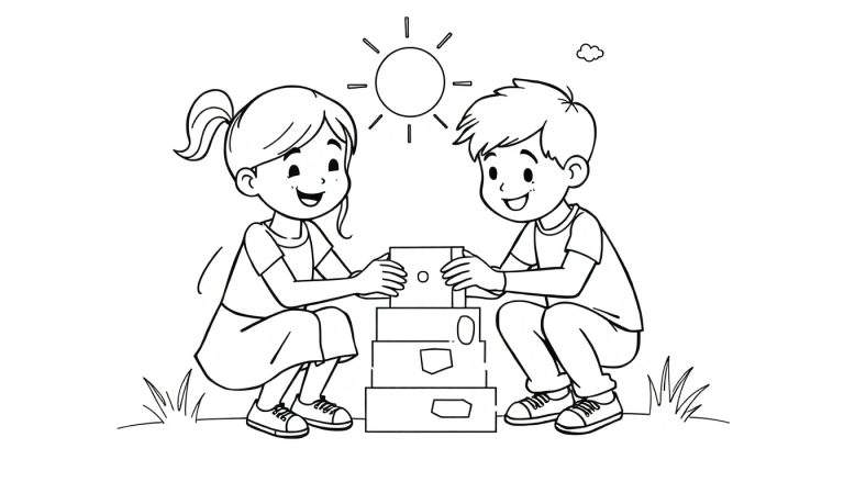 Página para colorear: niña y niño sonrientes construyendo una torre de bloques en un día soleado.