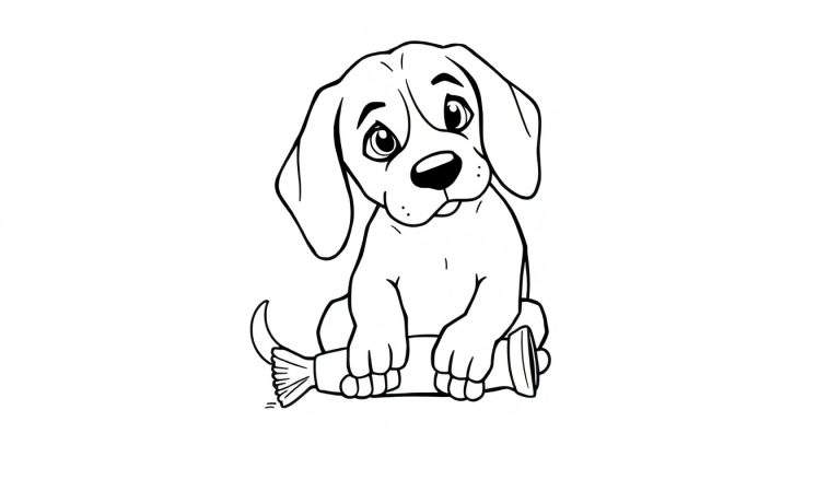 Ilustración de página para colorear de un cachorro beagle sentado mirando al frente con ojos grandes y expresión suplicante, sosteniendo un juguete largo en forma de pez con cola detallada.